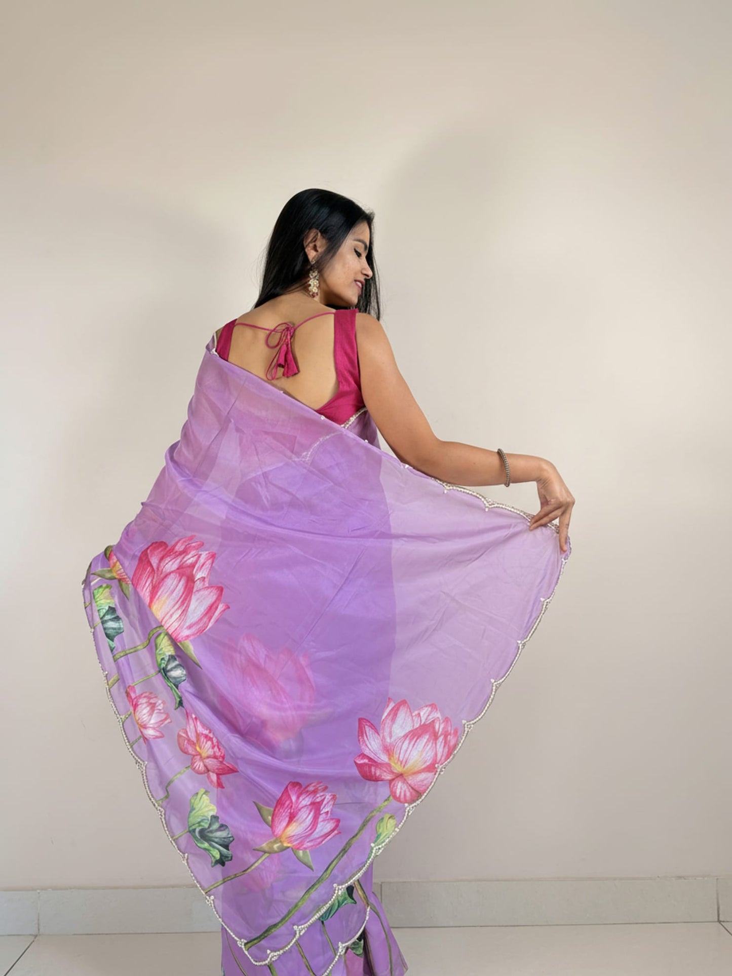 Purple Flower Print Designer Saree