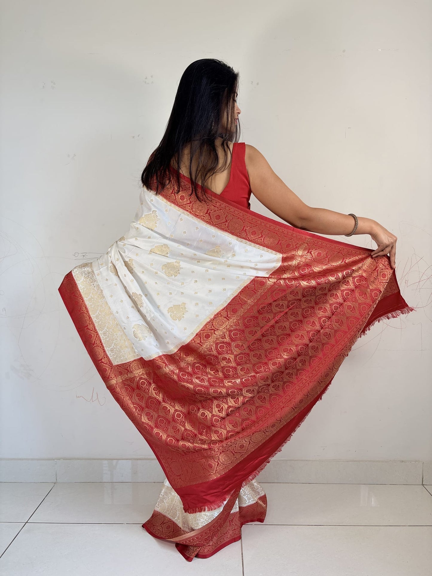 White Red Bengali Saree