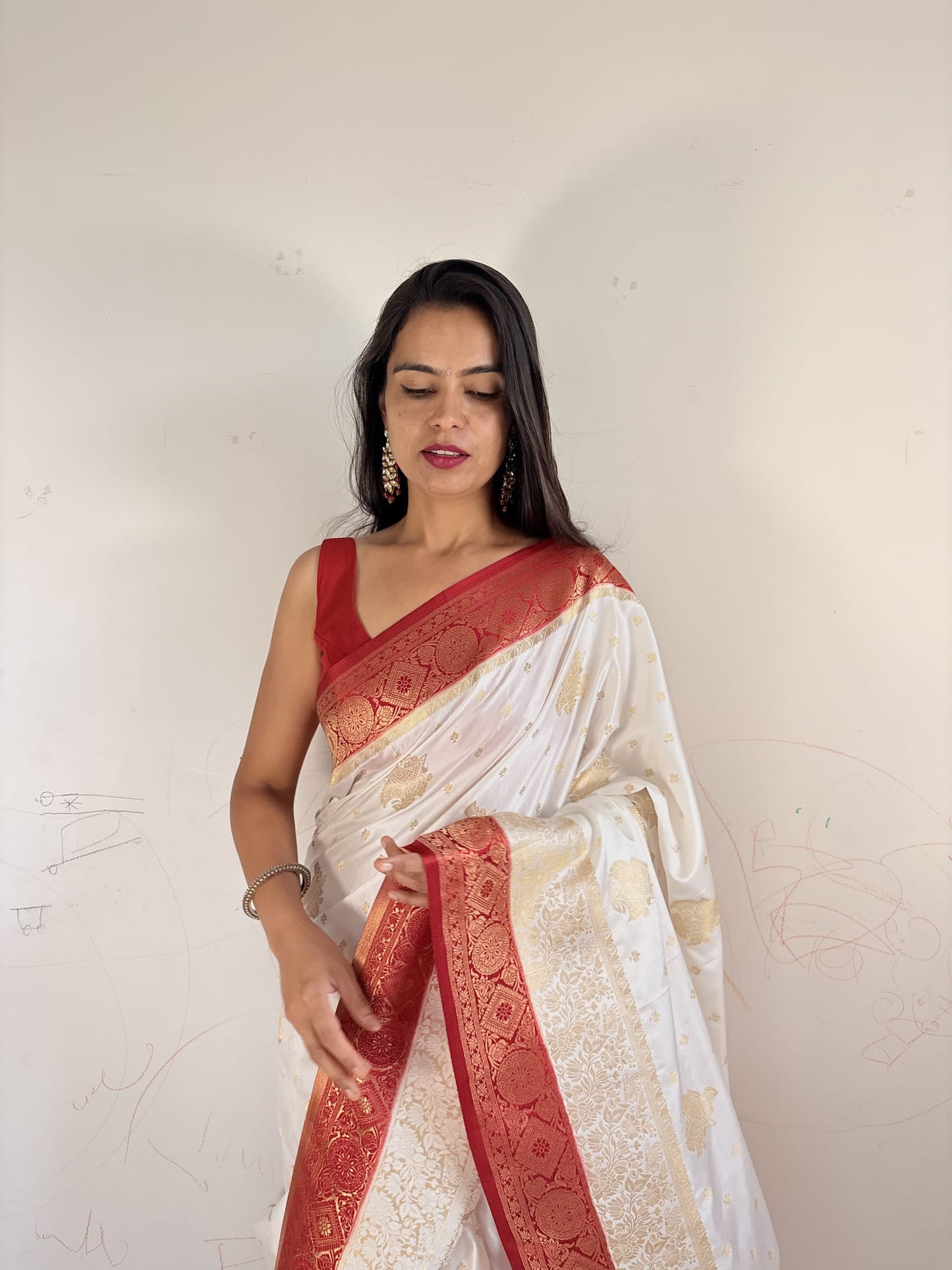 White Red Bengali Saree