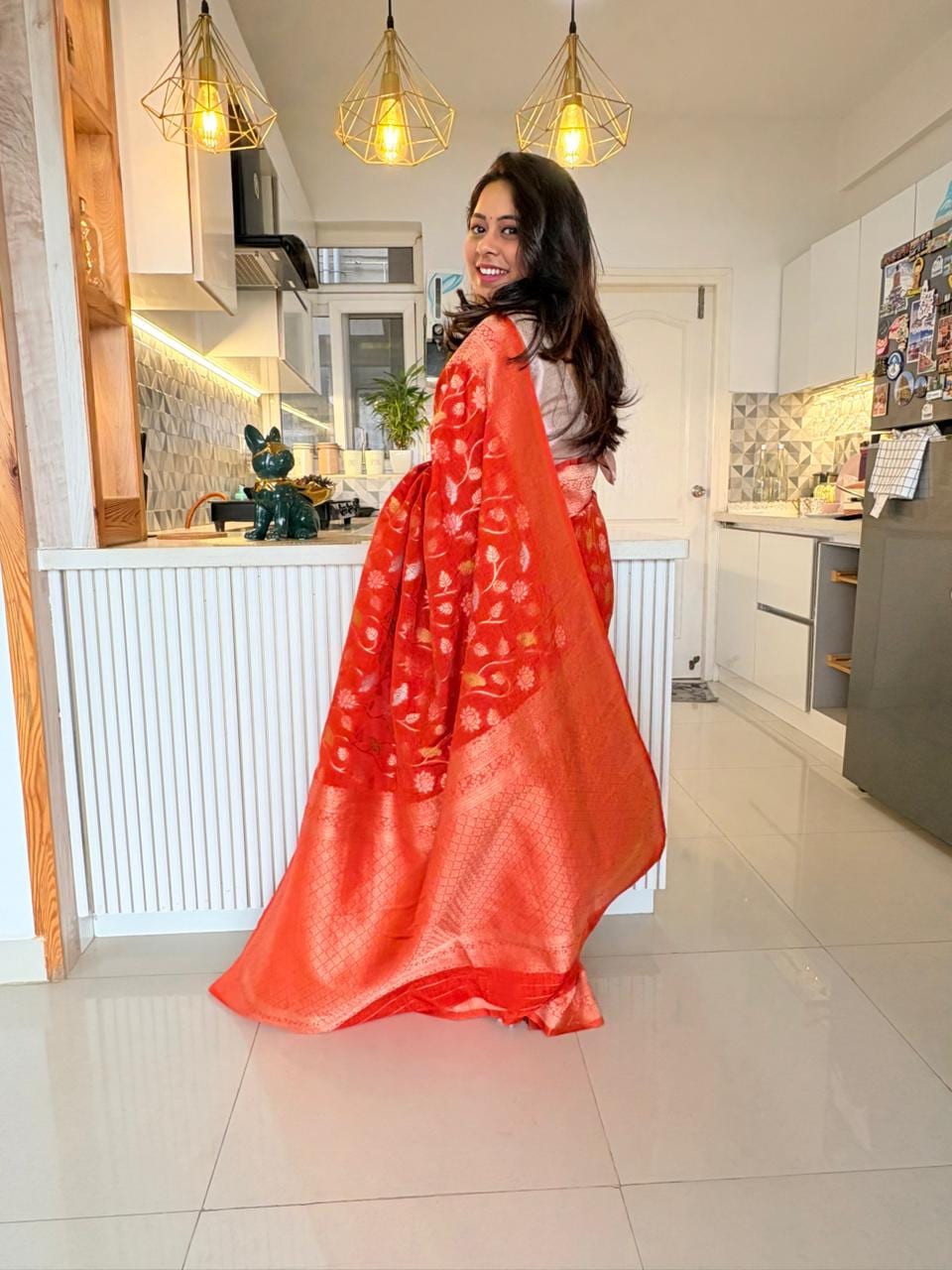 Kashi Tasser - Orange Meenakari motifs