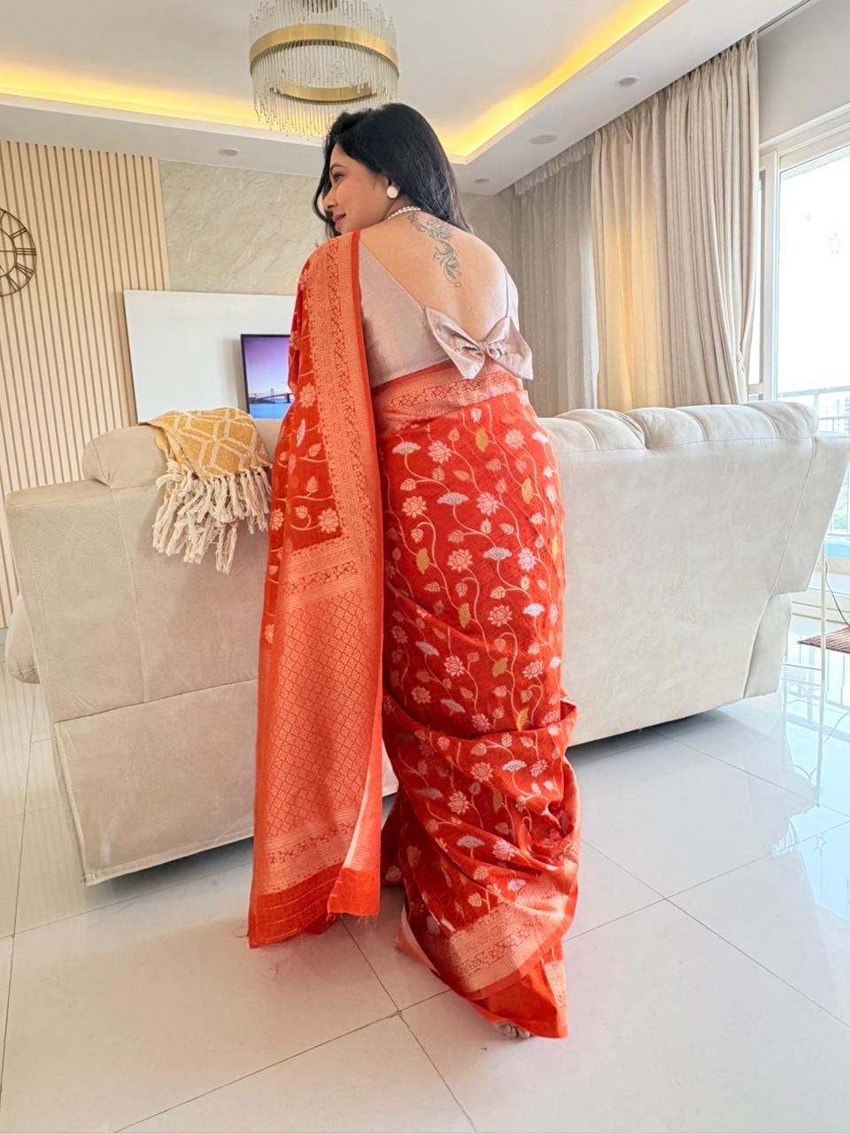 Kashi Tasser - Orange Meenakari motifs