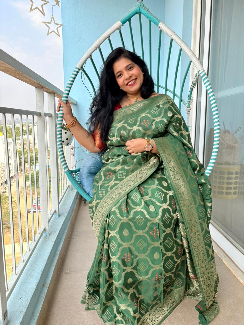Kashi Crepe - Dark Green Bandhej Banarasi