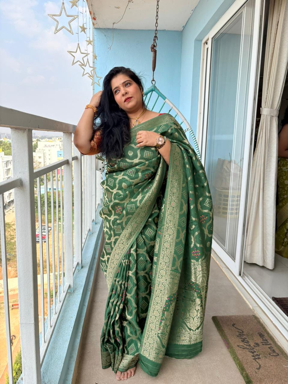 Kashi Crepe - Dark Green Bandhej Banarasi