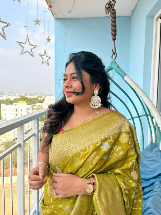 Kashi Tasser - Mehendi Green Meenakari Motifs