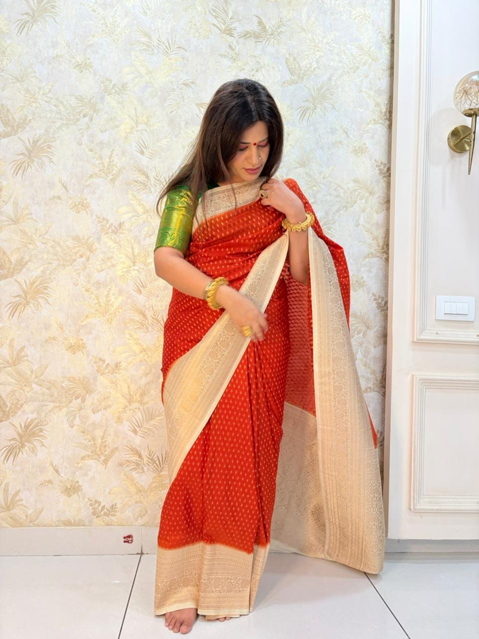 Kashi Georgette - Orange and Off white with Chotti Butti