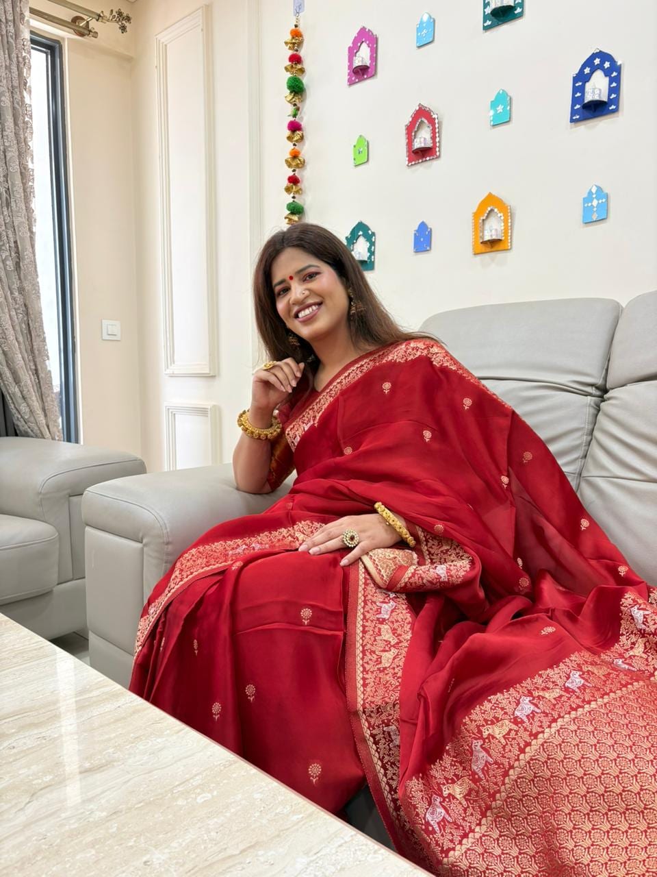 Kashi Mashru - Deep Red Animal Motifs