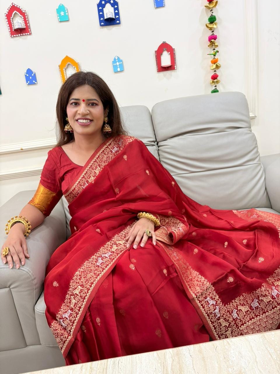 Kashi Mashru - Deep Red Animal Motifs