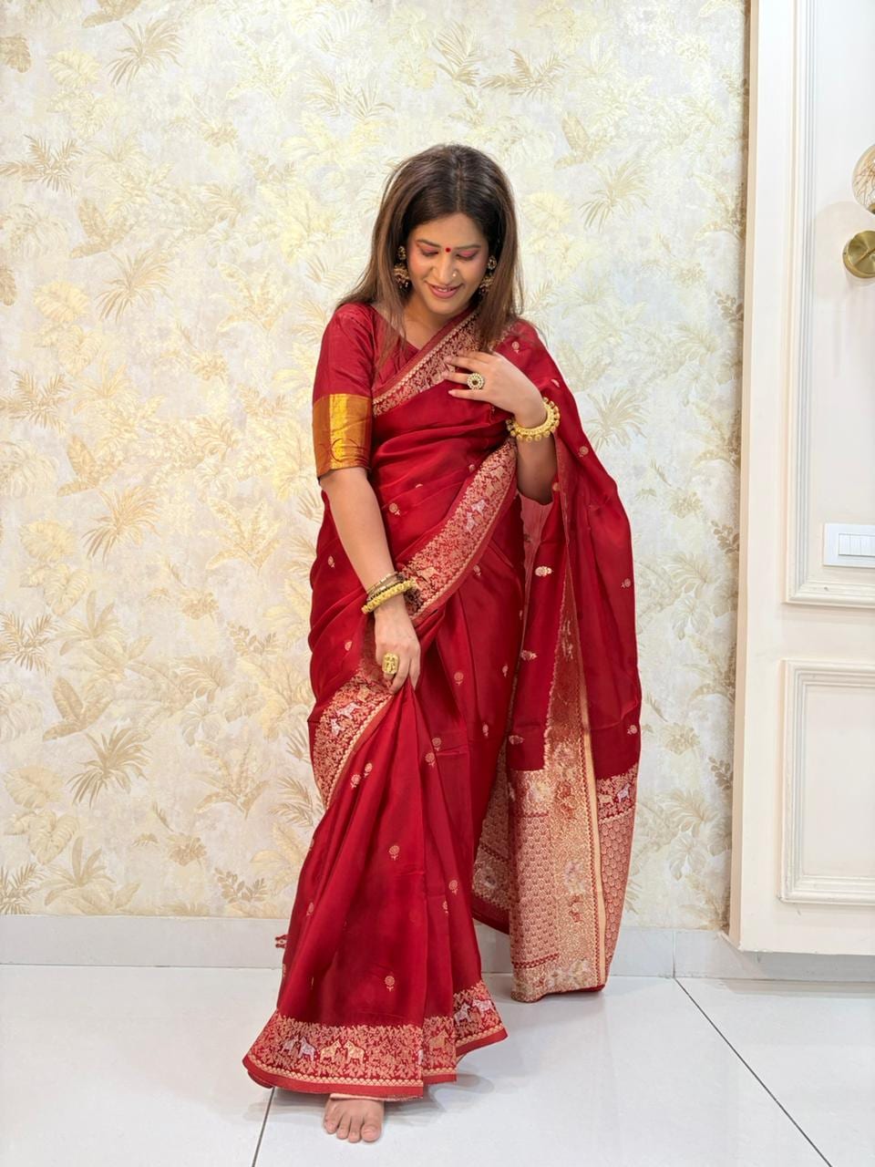 Kashi Mashru - Deep Red Animal Motifs