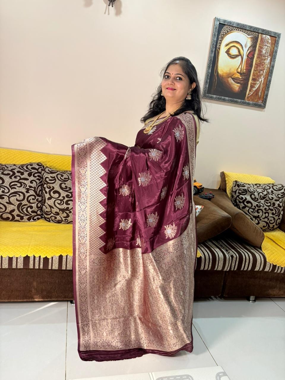 Kashi Crepe - Wine color flower motifs
