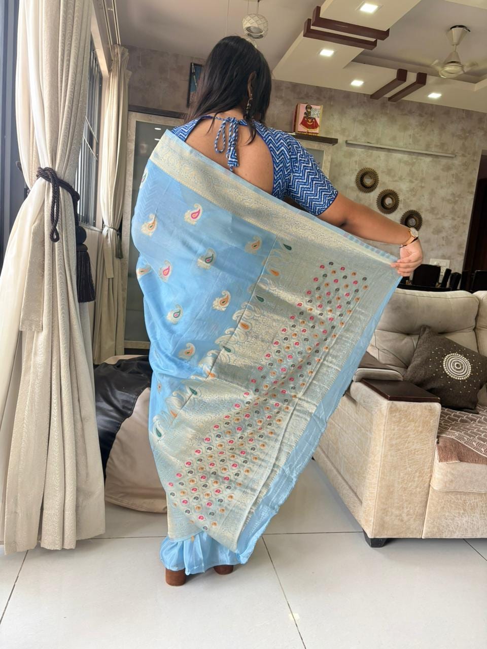 Kashi Crepe - Light blue with Meenakari Motifs