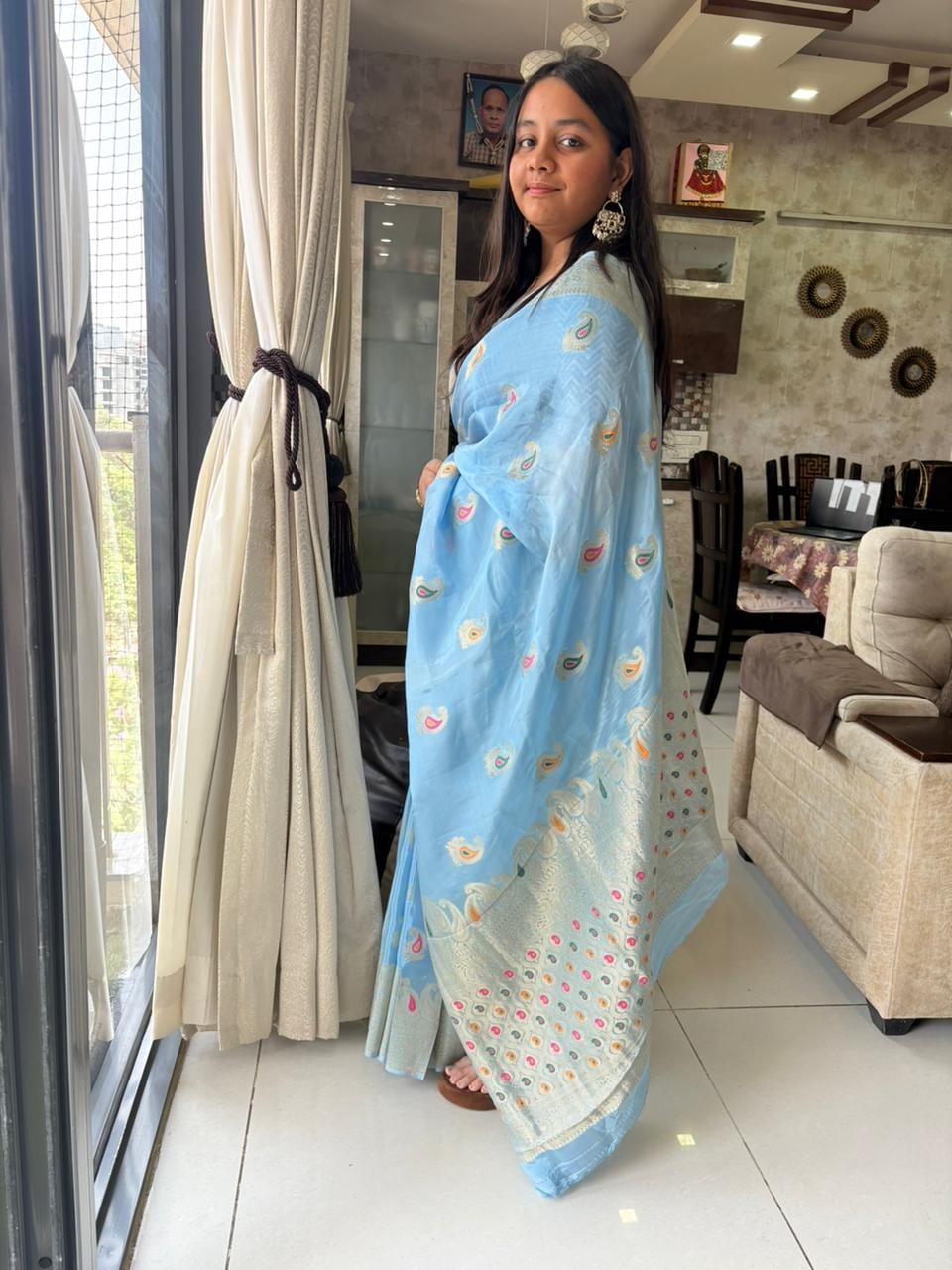 Kashi Crepe - Light blue with Meenakari Motifs