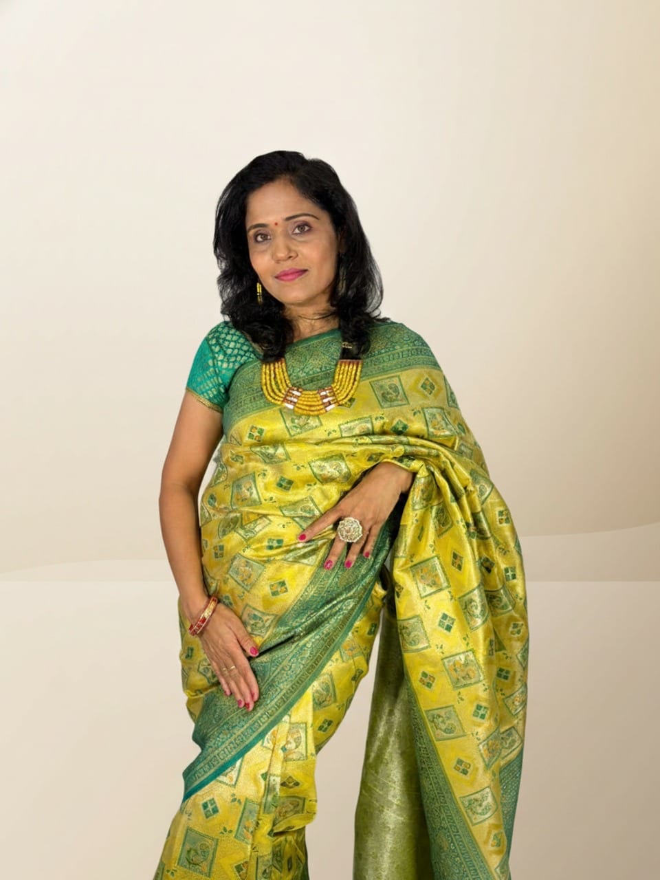 Yellow Green Floral Work Saree