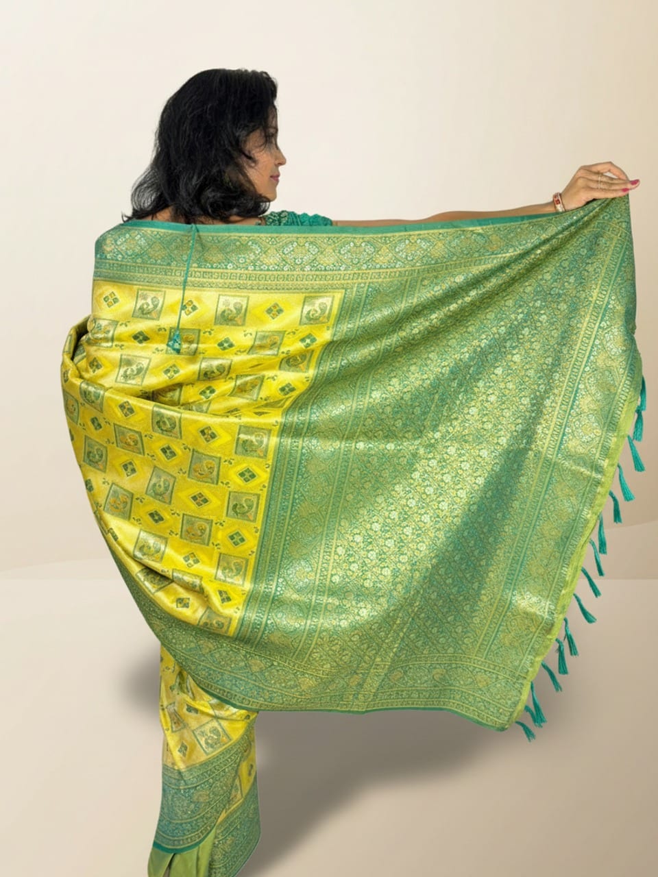 Yellow Green Floral Work Saree