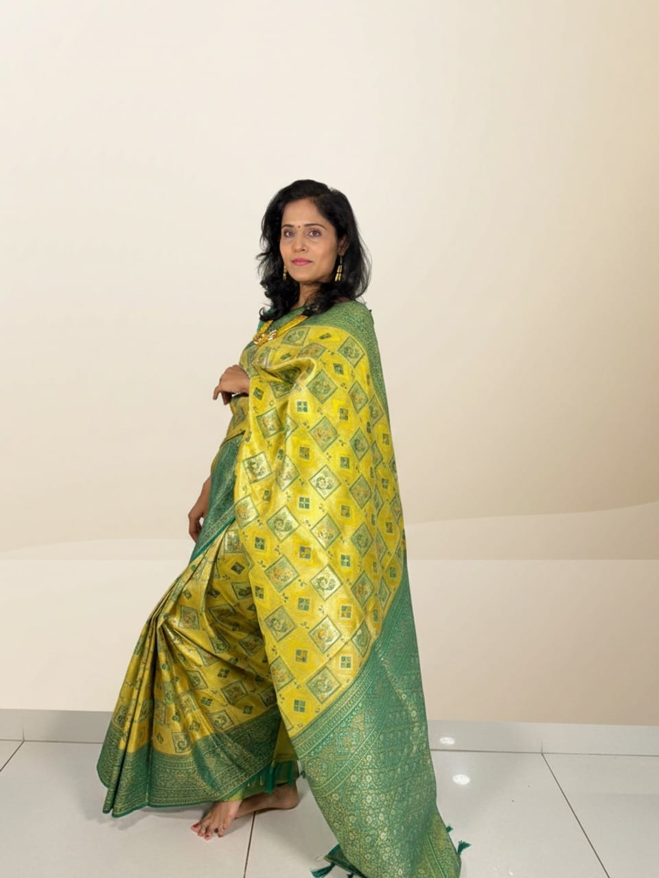 Yellow Green Floral Work Saree