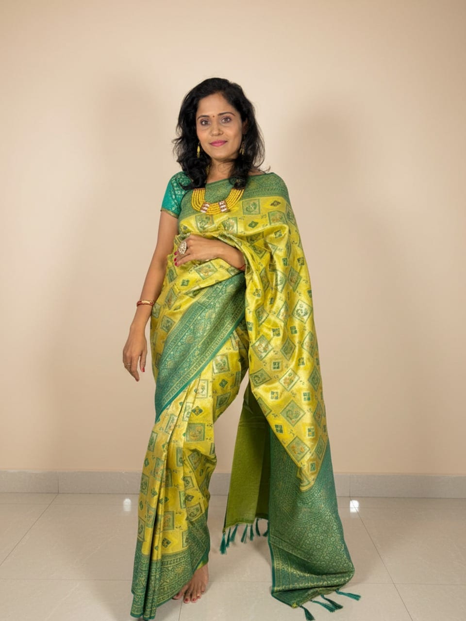 Yellow Green Floral Work Saree