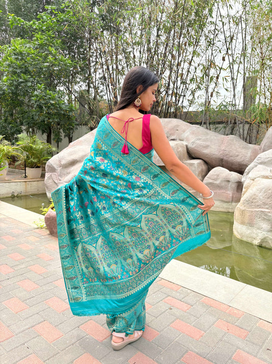 Kashi Mashru - Firozi Meenakari Banarasi saree