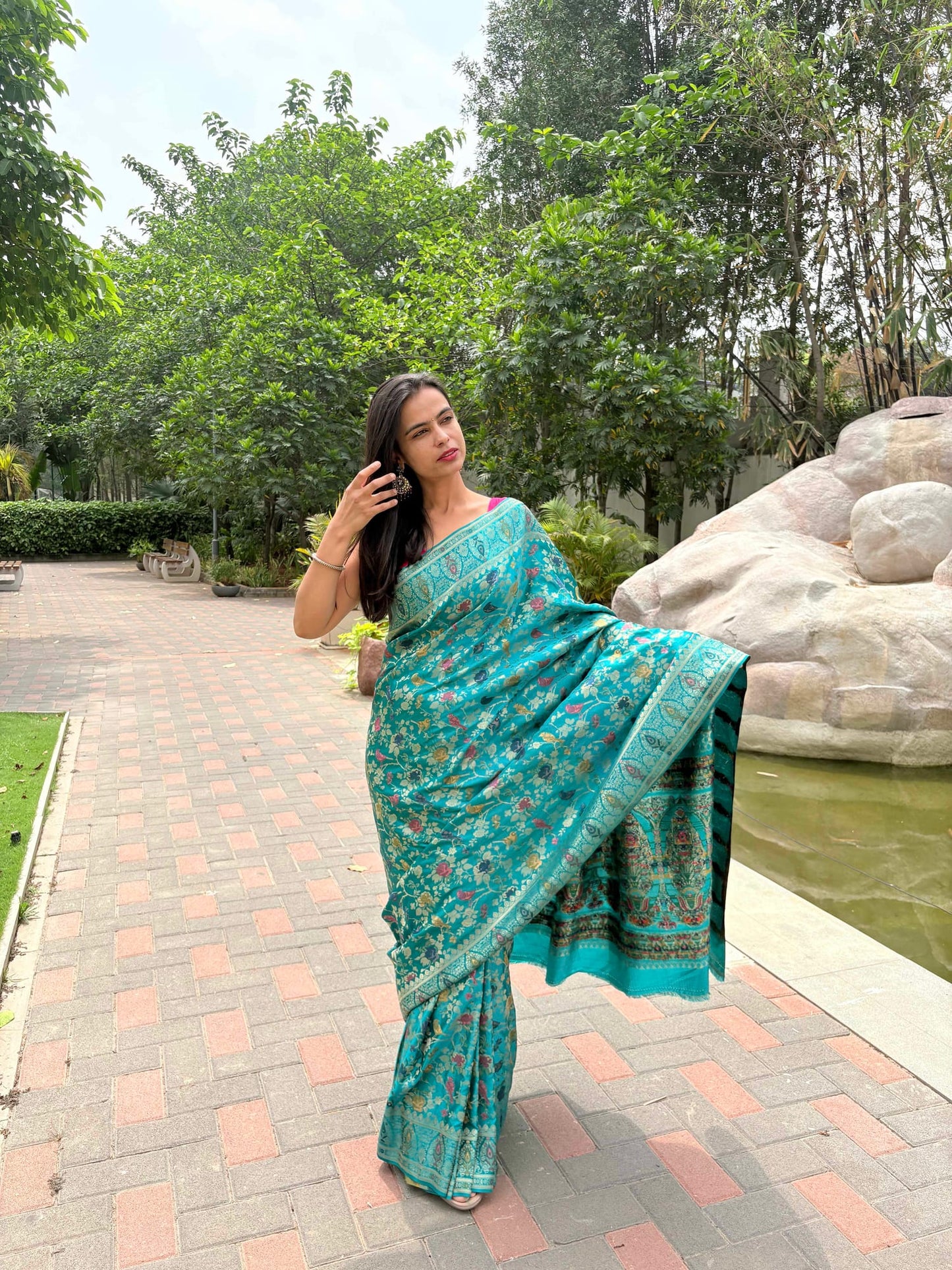 Kashi Mashru - Firozi Meenakari Banarasi saree