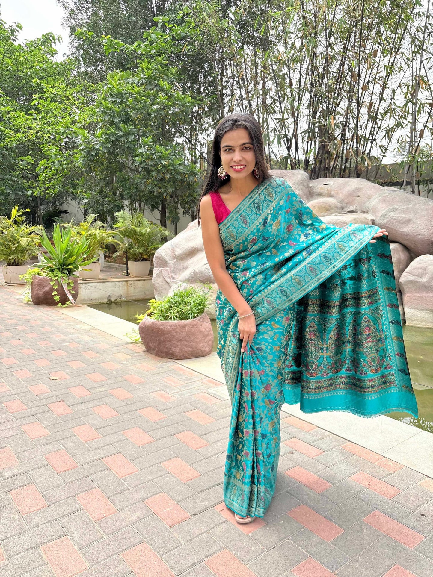 Kashi Mashru - Firozi Meenakari Banarasi saree