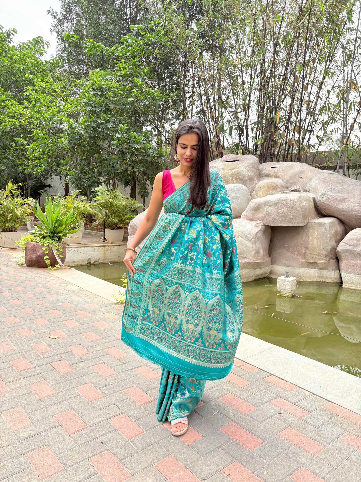 Kashi Mashru - Firozi Meenakari Banarasi saree