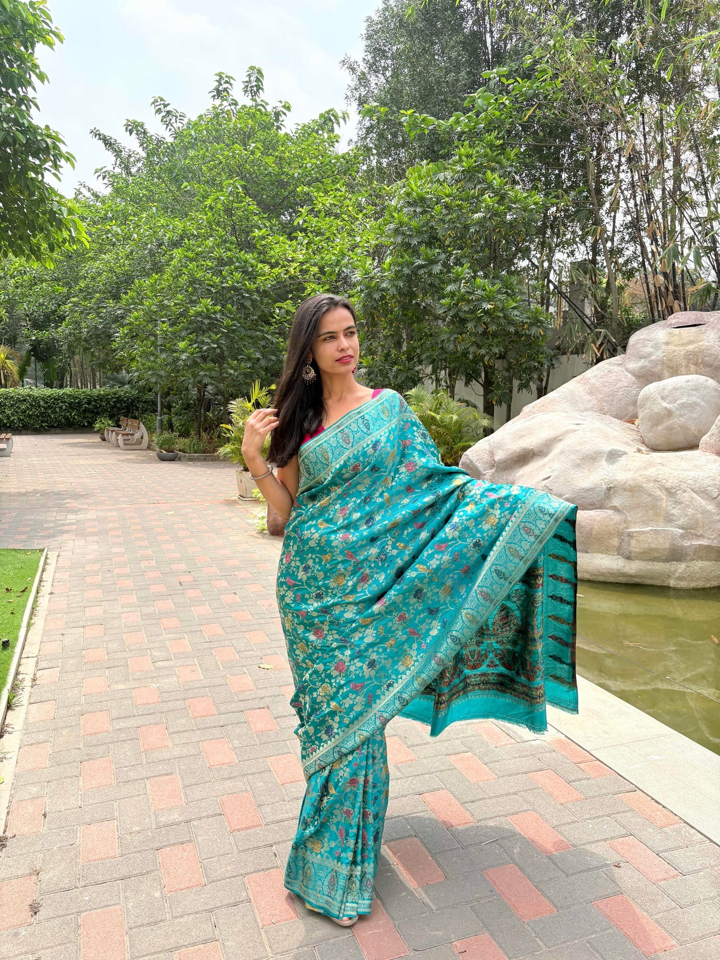 Kashi Mashru - Firozi Meenakari Banarasi saree