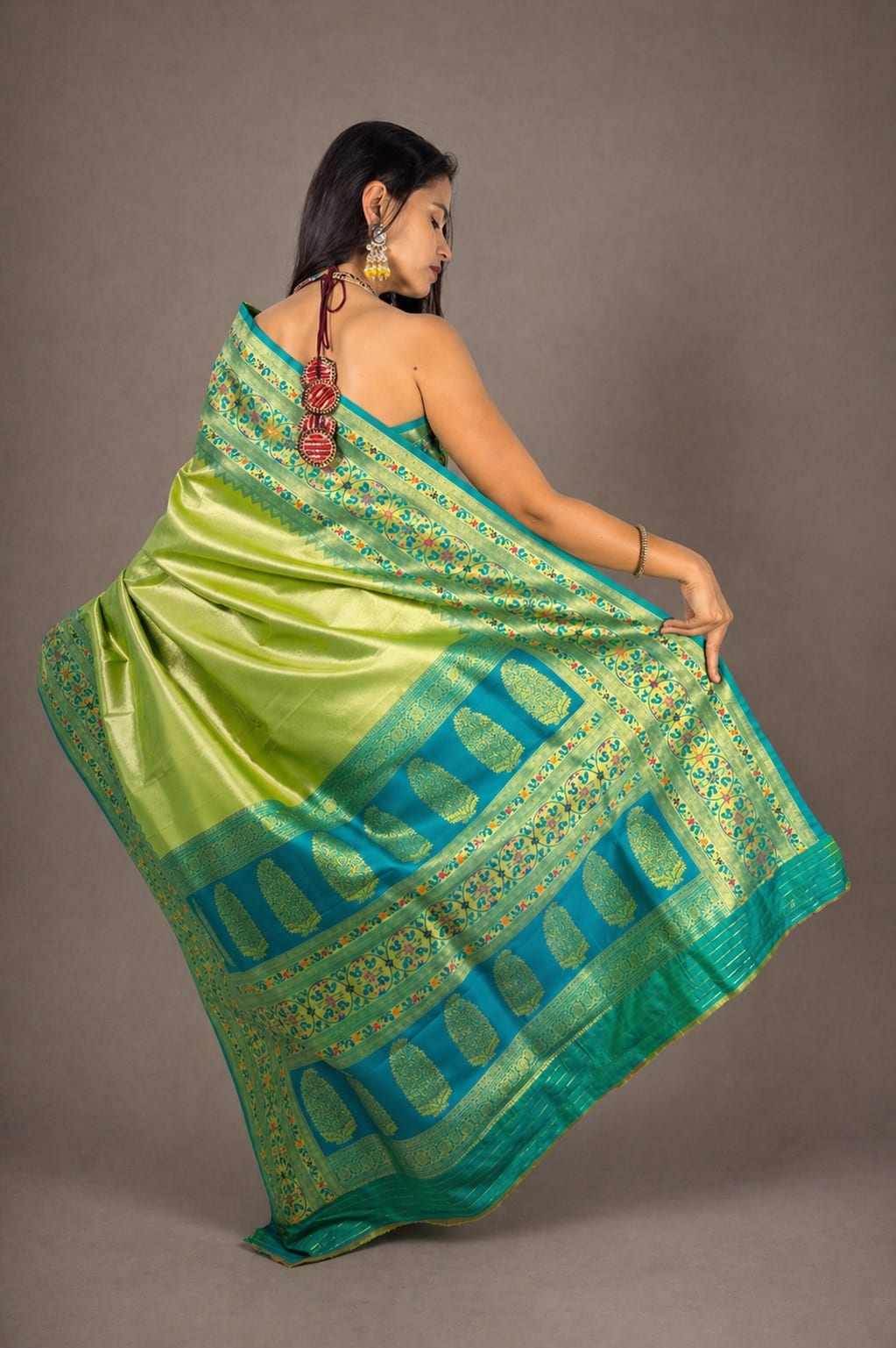 Light Green and Blue Contrast Brocade Saree