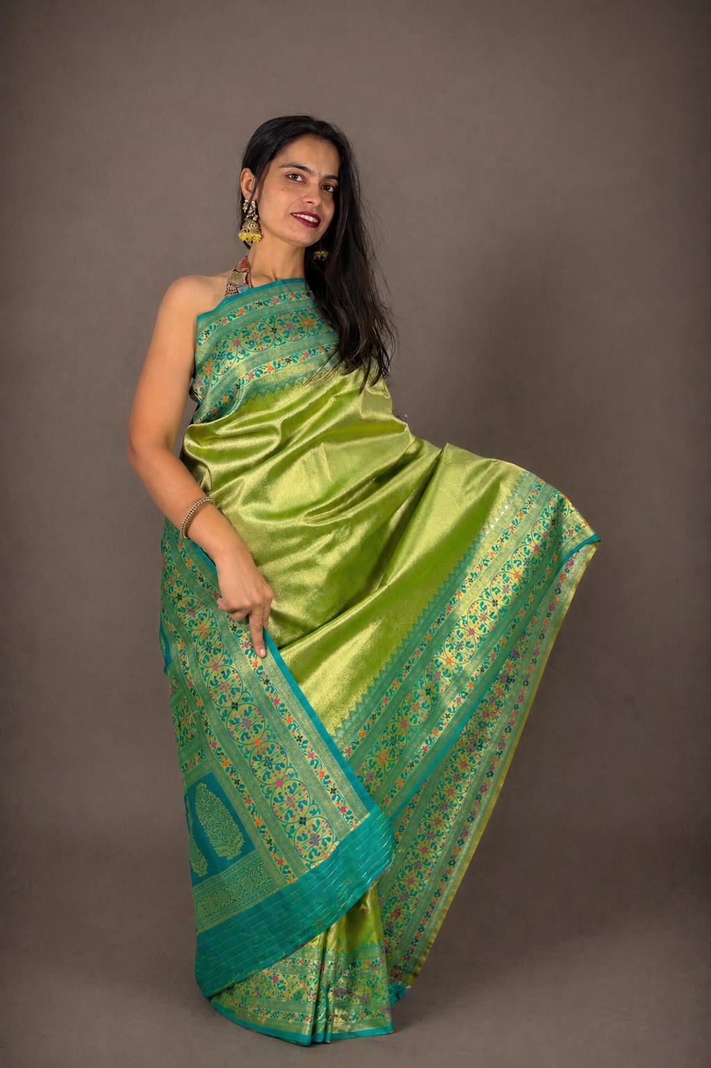 Light Green and Blue Contrast Brocade Saree