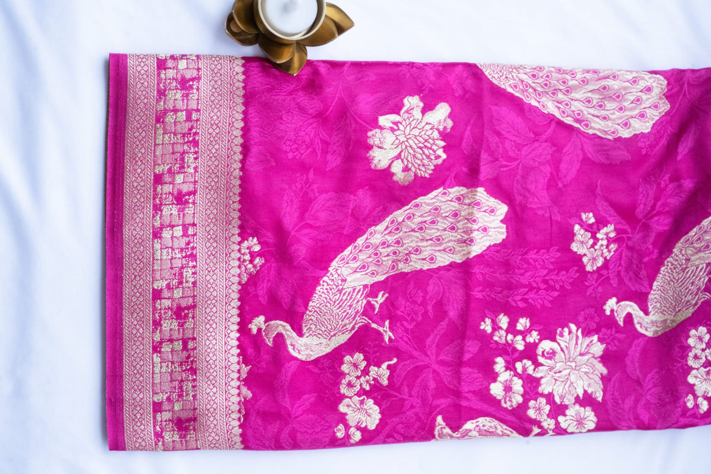 Pink Crepe Peacock Motif Fabric