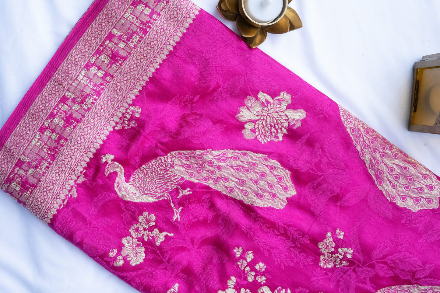 Pink Crepe Peacock Motif Fabric