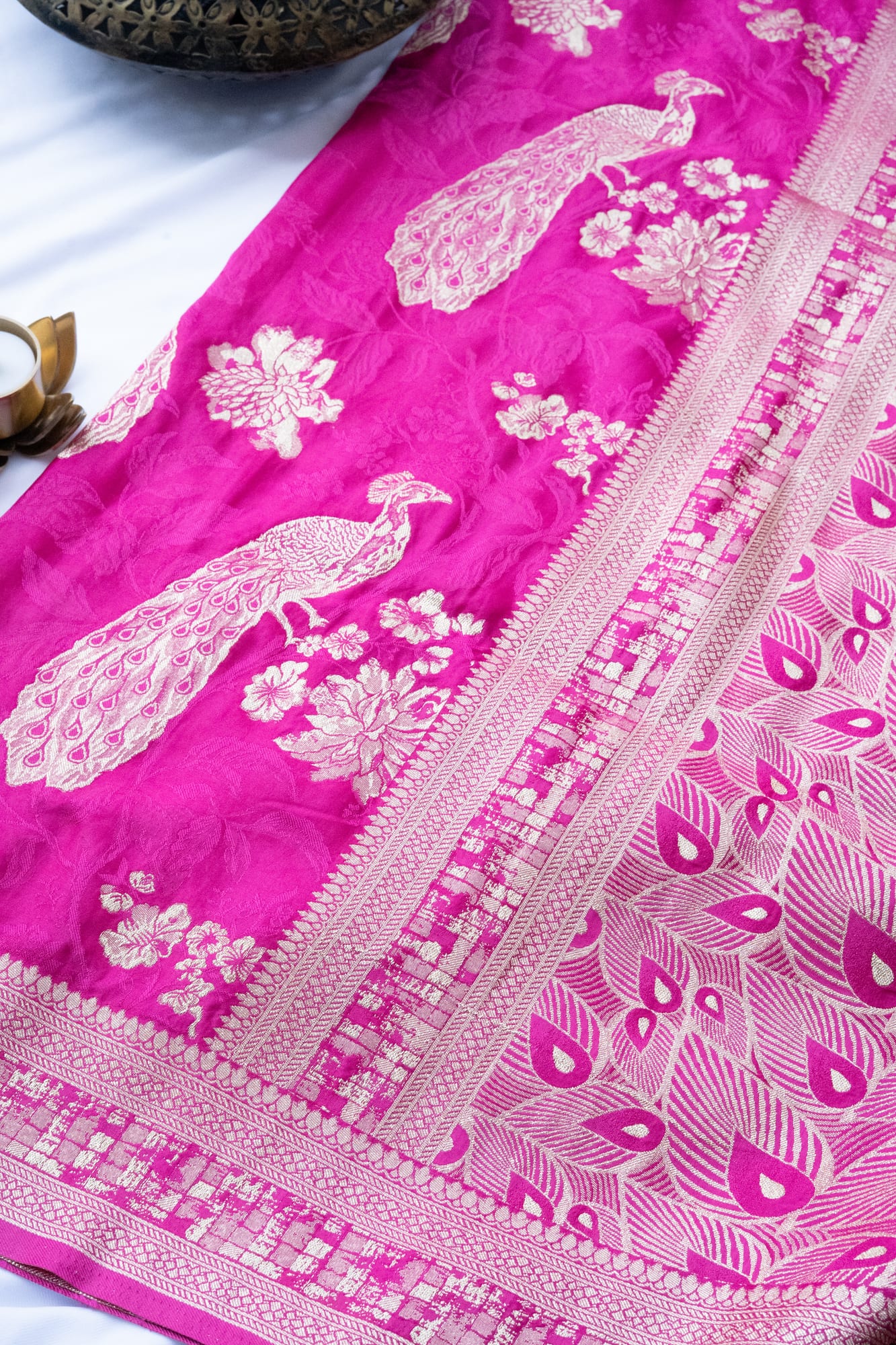 Pink Crepe Peacock Motif Fabric