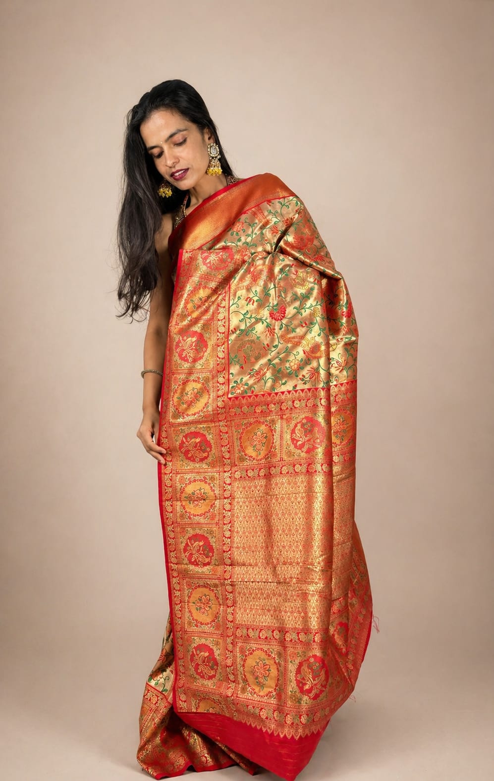 Red and Cream Brocade Saree