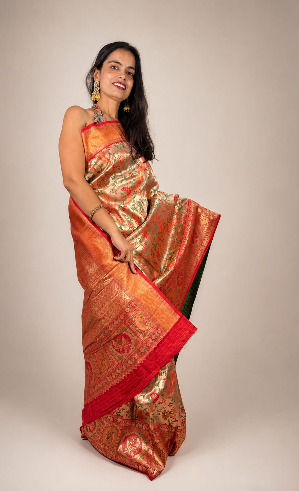 Red and Cream Brocade Saree