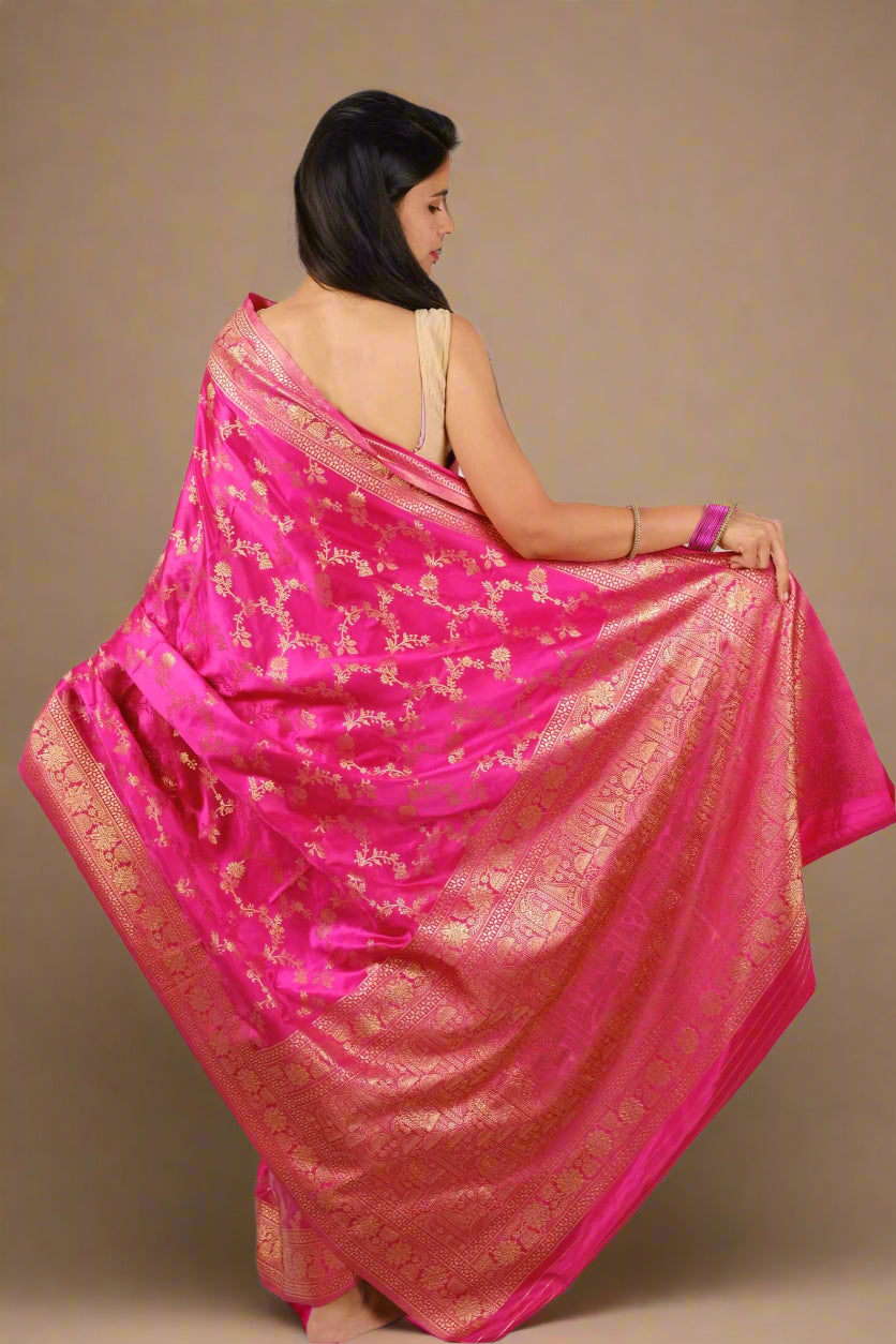 Fuchsia Satin Silk - Banarasi Saree