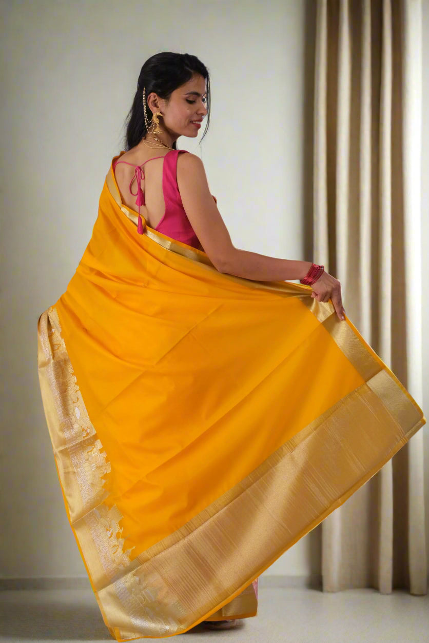 Haldi Peela Ghat Print - Banarasi Saree