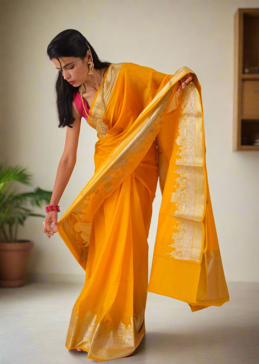 Haldi Peela Ghat Print - Banarasi Saree