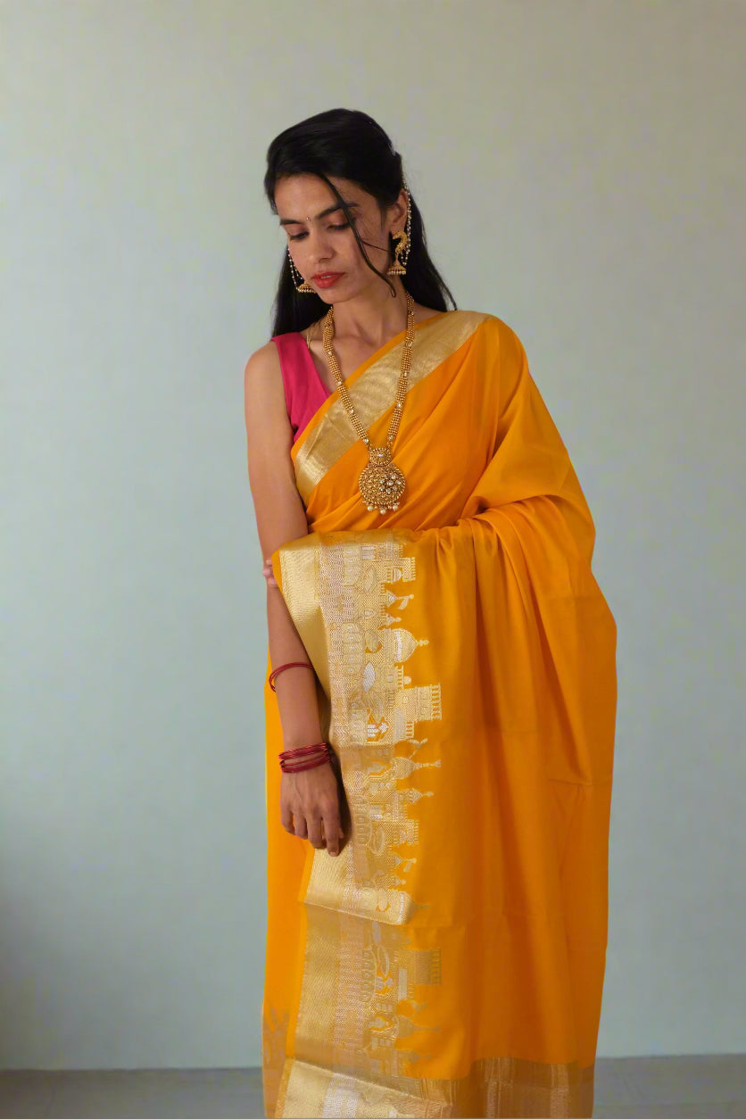Haldi Peela Ghat Print - Banarasi Saree