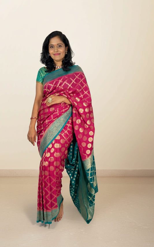 Kashi Georgette - Pink and Blue Contrast Saree