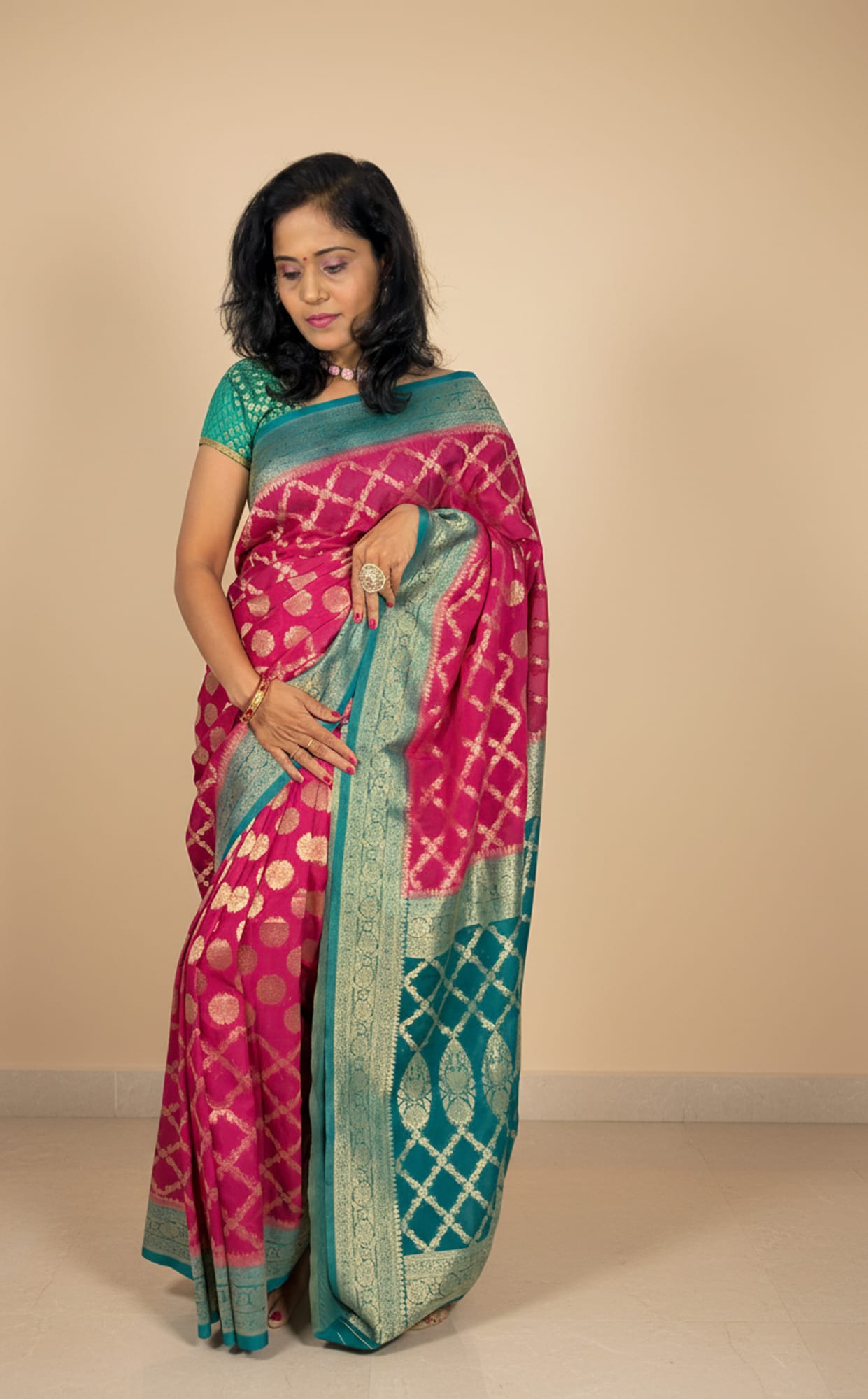 Kashi Georgette - Pink and Blue Contrast Saree