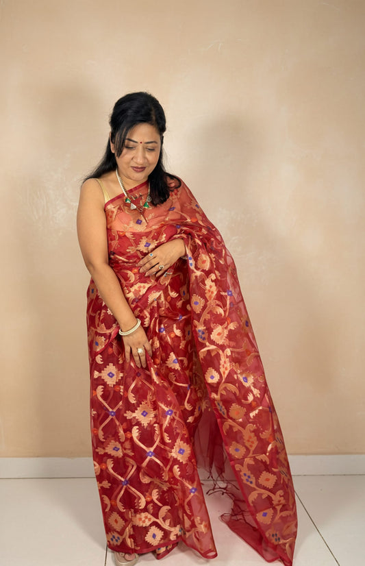 Deep Red Kora Jaamdani Saree