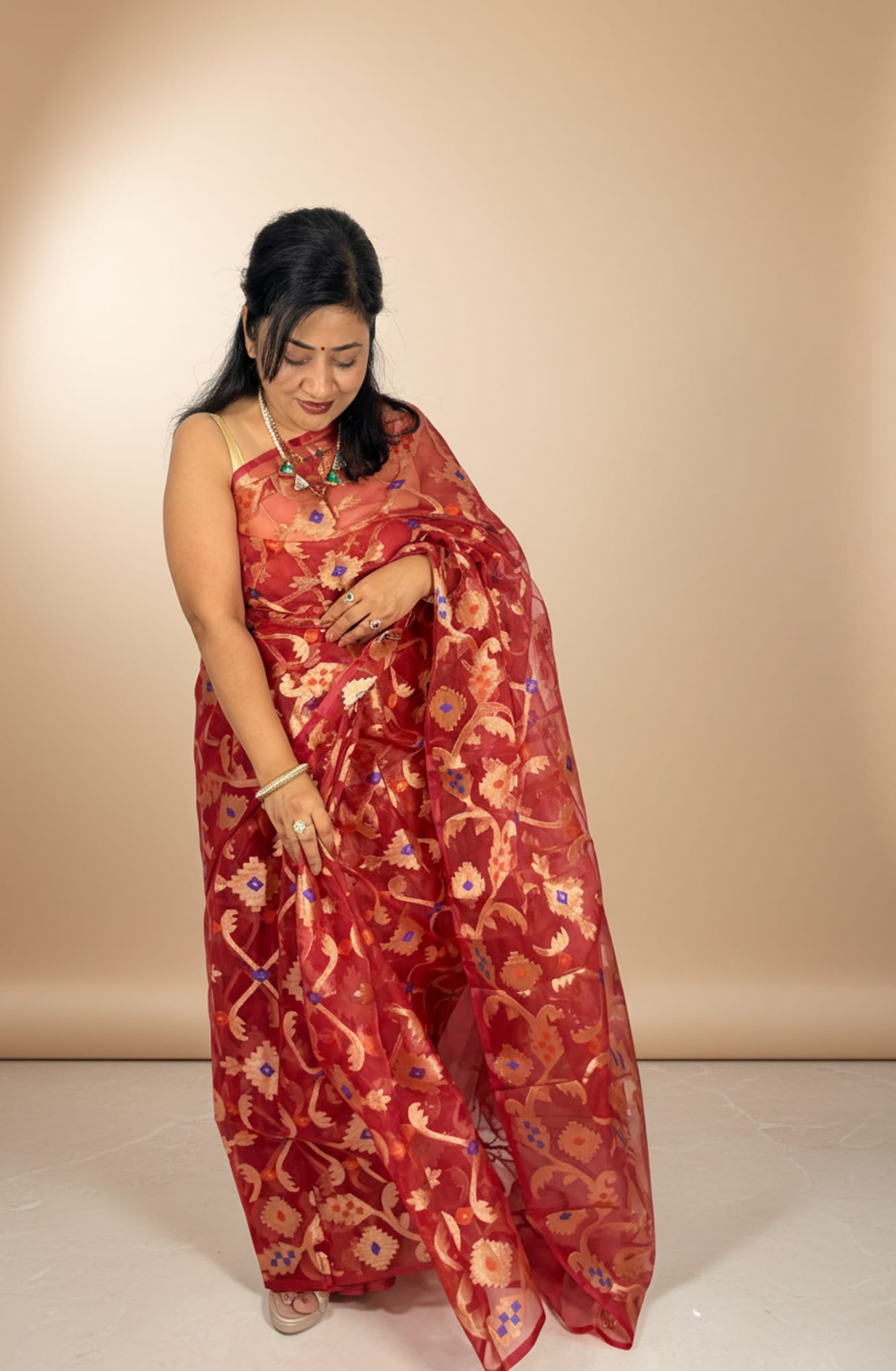 Deep Red Kora Jamdani Saree
