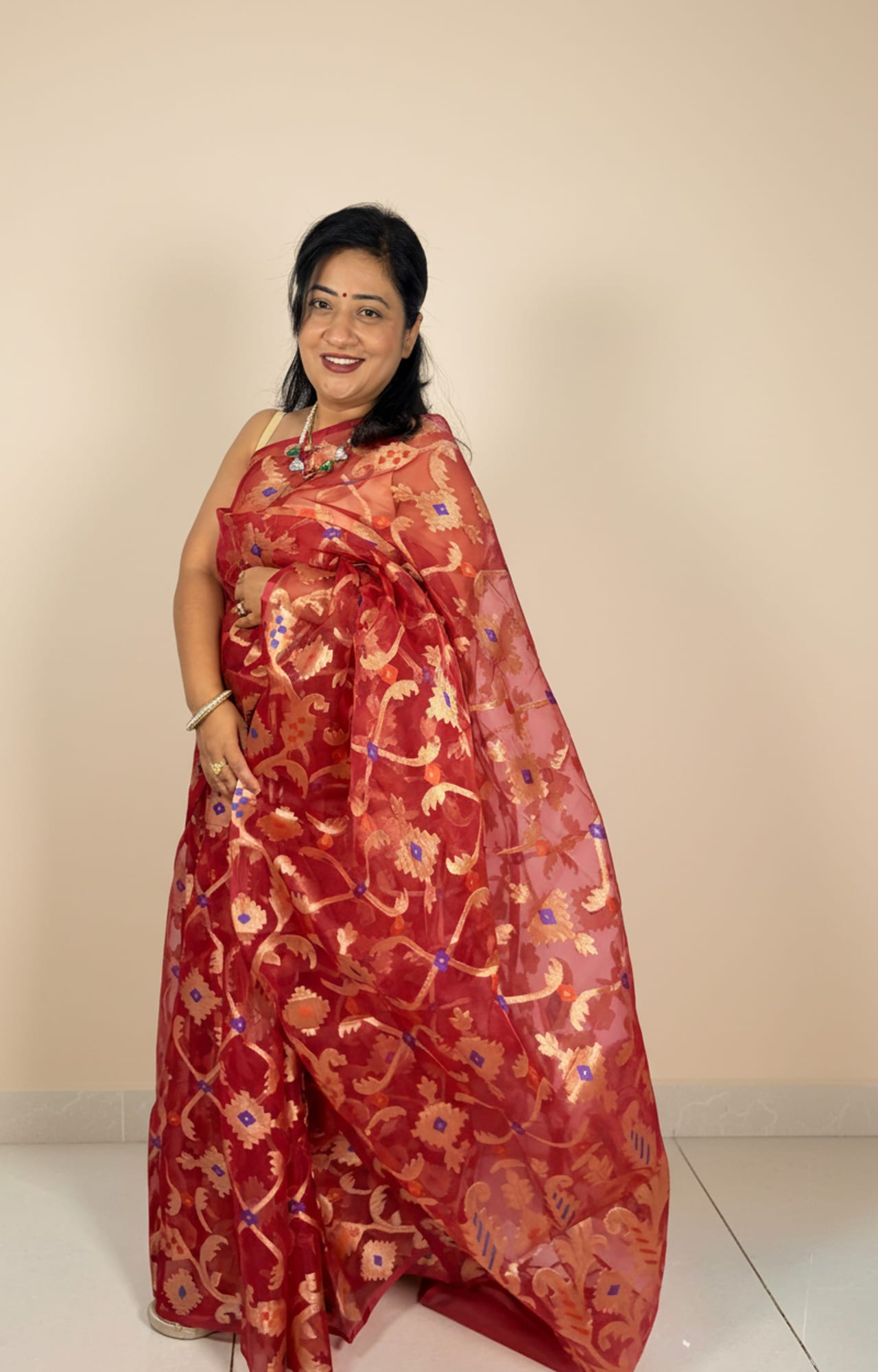 Deep Red Kora Jamdani Saree