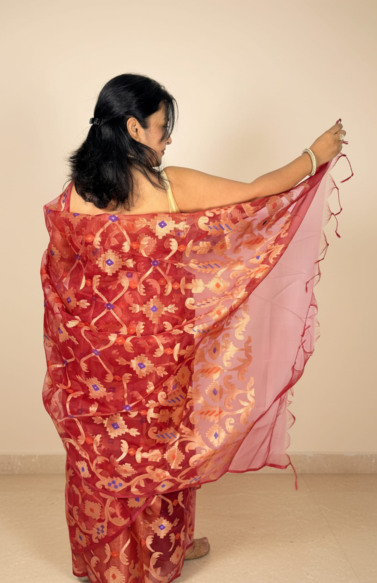 Deep Red Kora Jamdani Saree