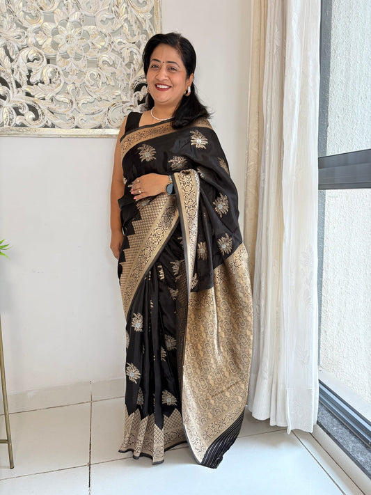 Kashi Crepe - Black Floral Work Saree
