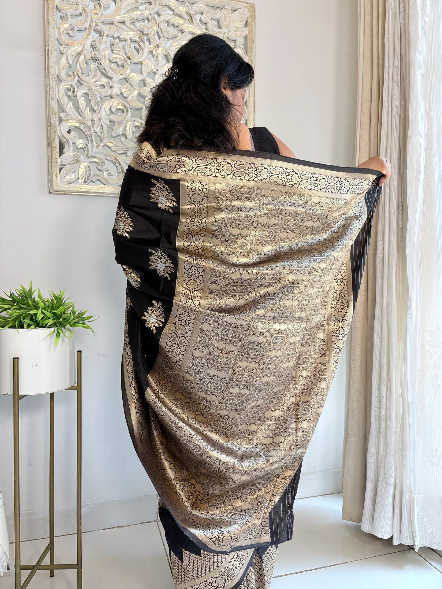 Kashi Crepe - Black Floral Work Saree