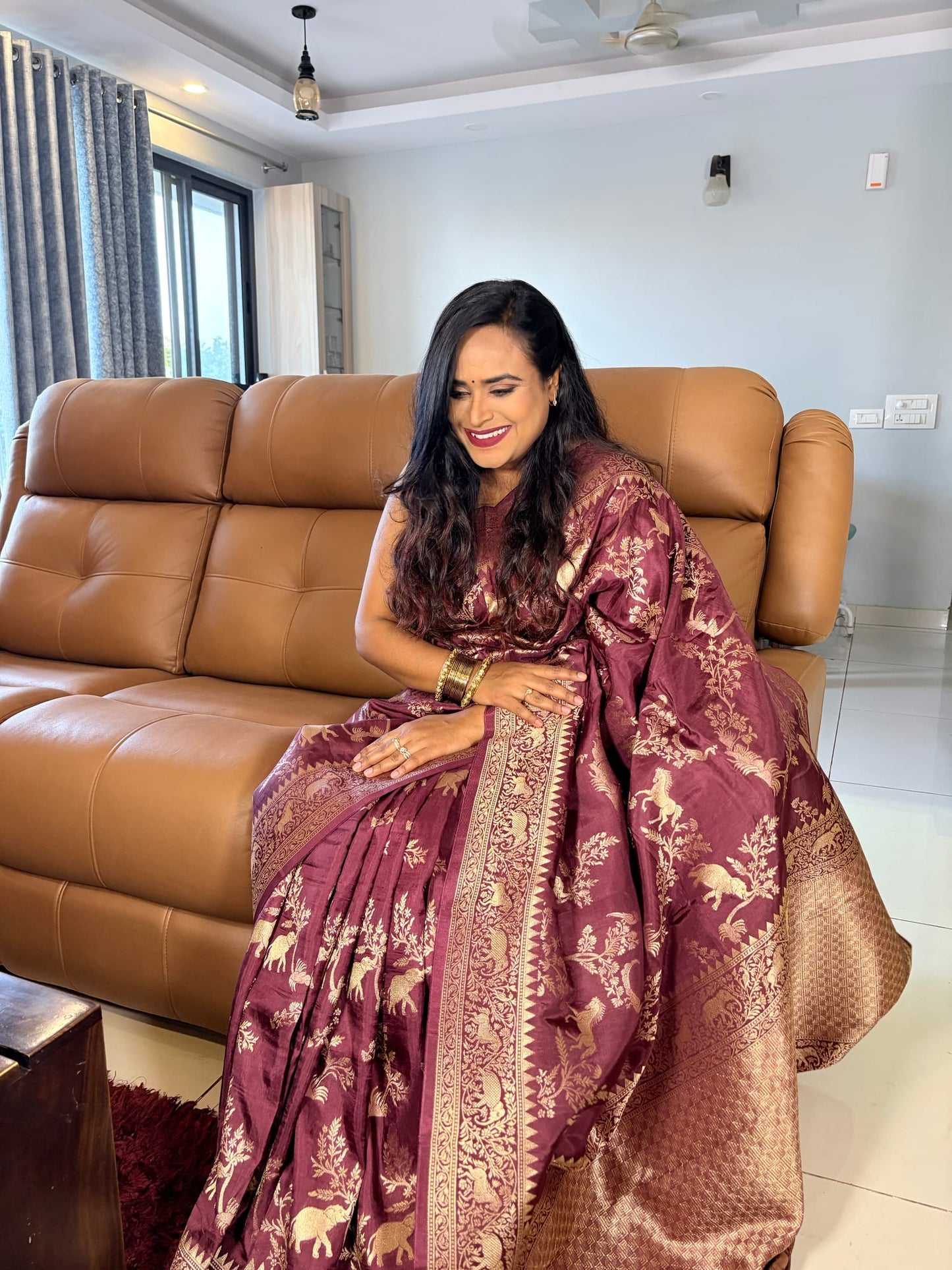 Kashi Tasser - Wine Color Animal Motifs Saree
