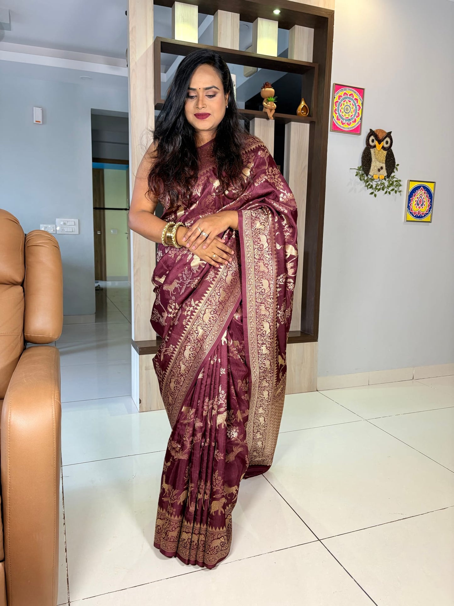 Kashi Tasser - Wine Color Animal Motifs Saree