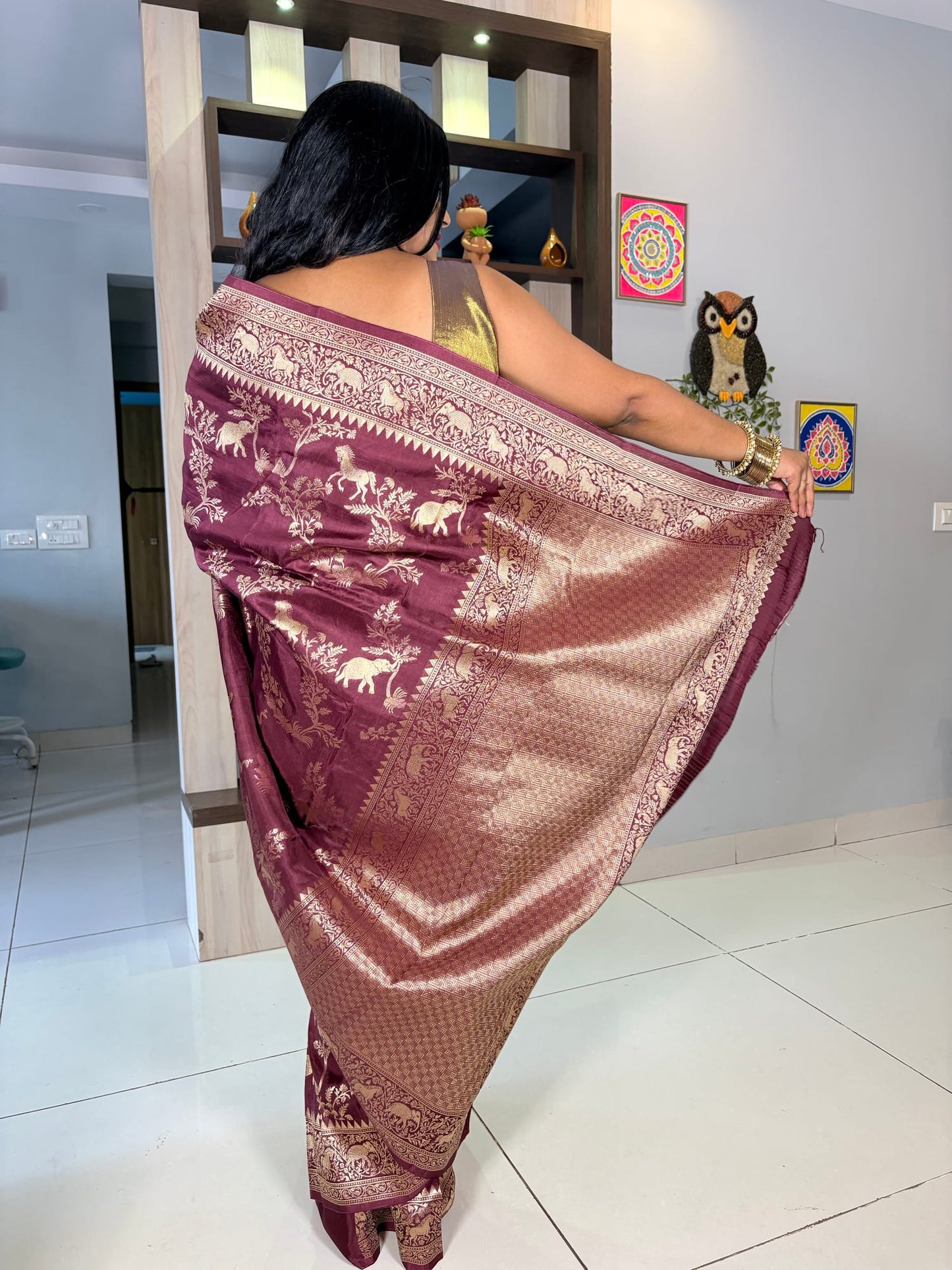 Kashi Tasser - Wine Color Animal Motifs Saree
