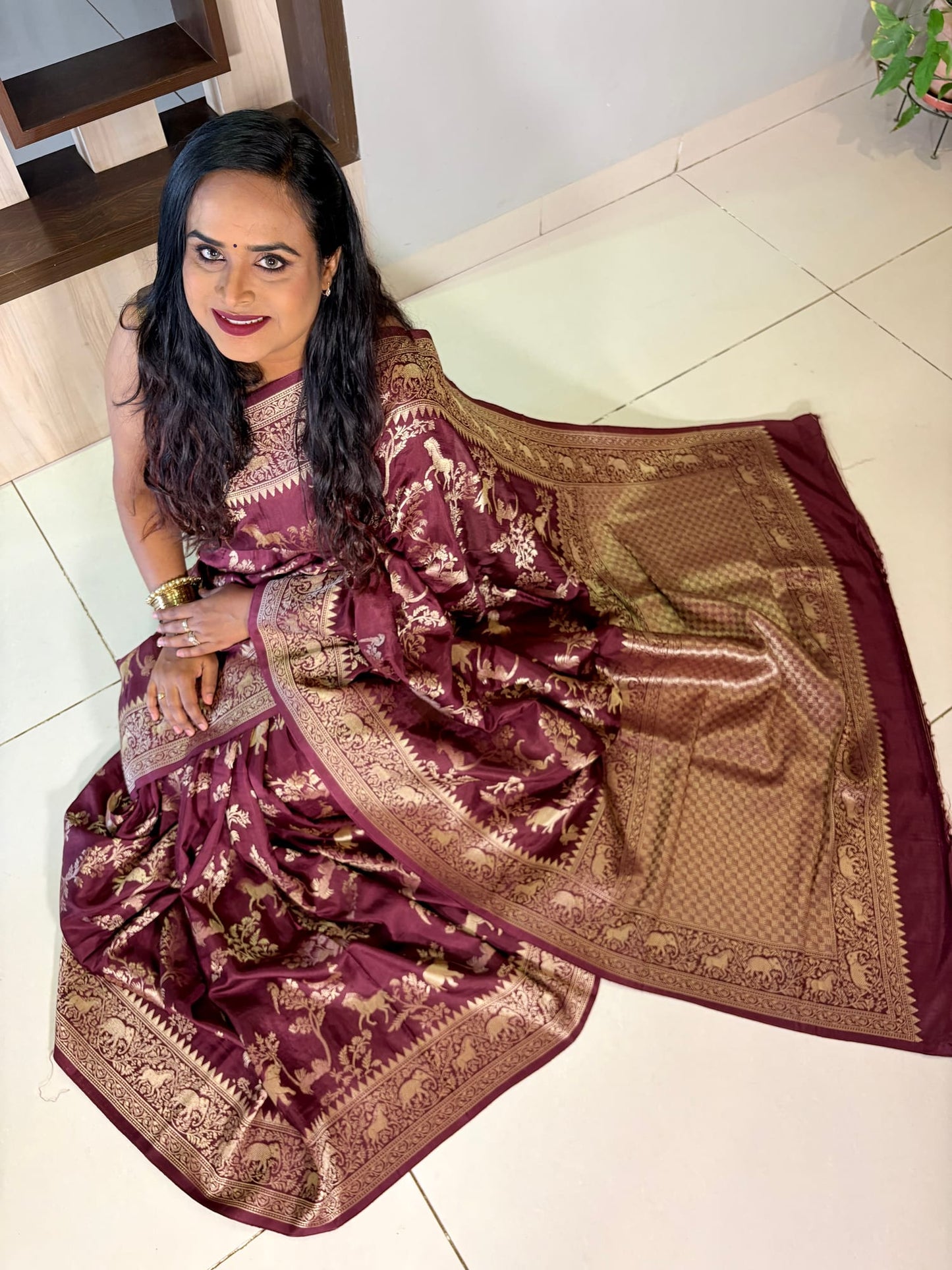 Kashi Tasser - Wine Color Animal Motifs Saree