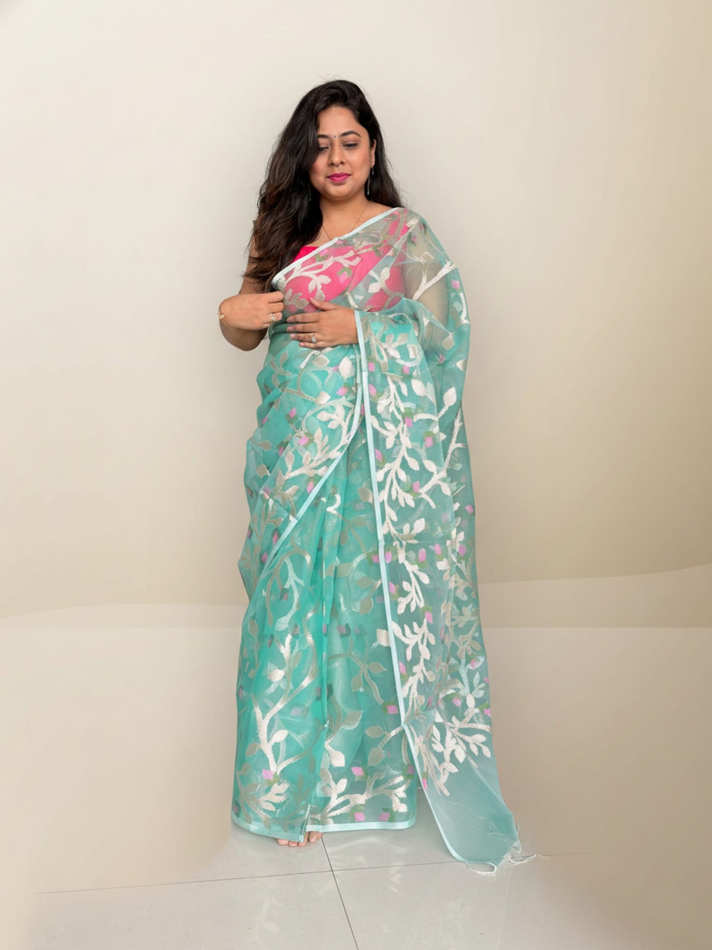 Light Green Kora Jamdani with Meenakari Motifs