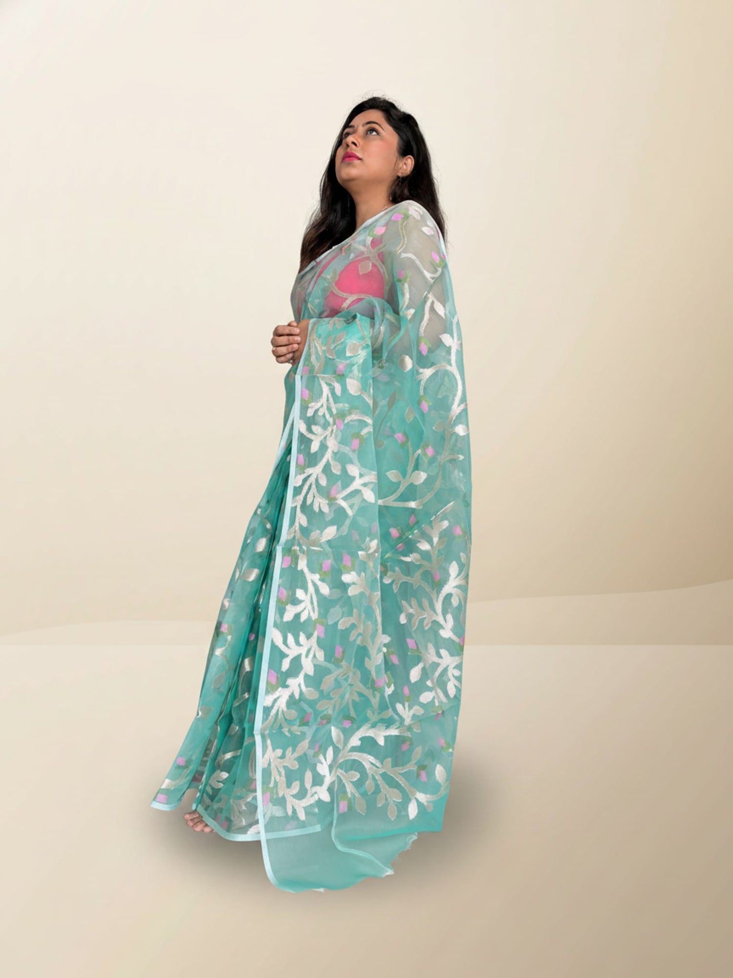Light Green Kora Jamdani with Meenakari Motifs
