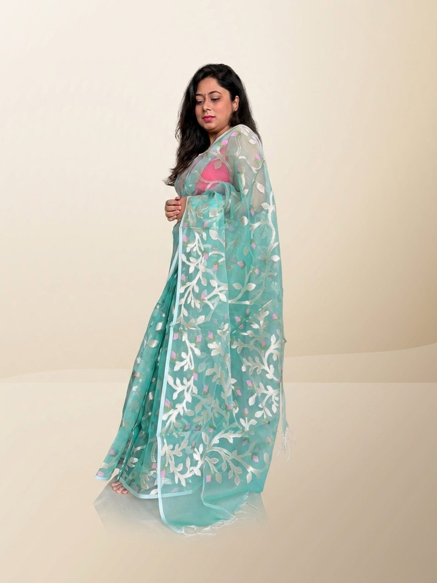 Light Green Kora Jamdani with Meenakari Motifs